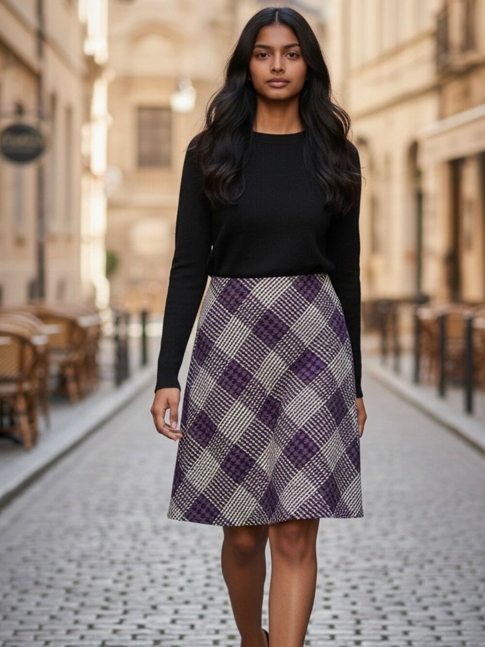 Loft | Women's Skirt | Plaid, Black, Purple, White Wool Blend | Size 12